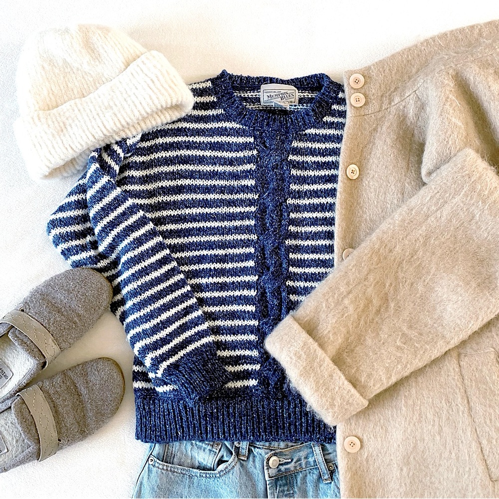 Vintage Fisherman Vibes Cable Knit Blue + White Striped Sweater